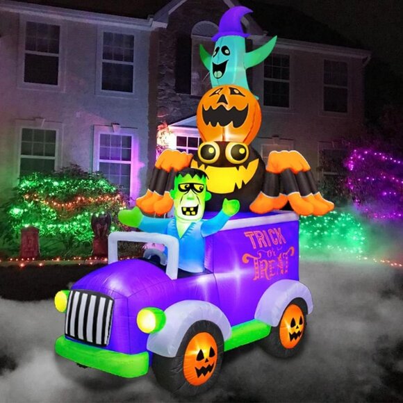⚡Halloween Inflatable Decoration Horror Frankenstein Driving A Car with Spider - Picture 1 of 6